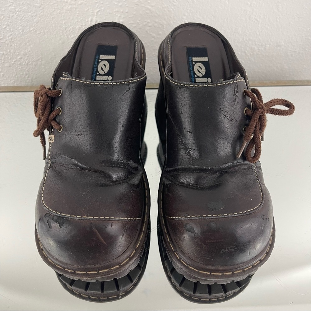 L.E.I. Vintage Y2K Brown Faux Leather Chunky Platform Lace Up Heeled Mule Shoes - Picture 7 of 12